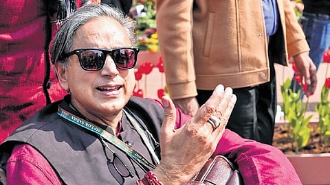 Congress MP Shashi Tharoor during the Budget session of Parliament in New Delhi on Tuesday.