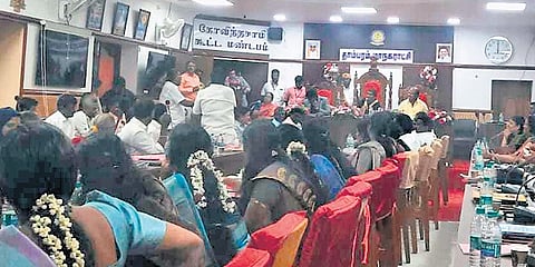 Tambaram Mayor Vasanthakumari presenting the budget for 2026-27.