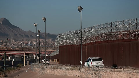 A U.S. Border Patrol patrol along the U.S.-Mexico border in El Paso, Texas, near the Paso del Norte International Bridge, seen from Ciudad Juarez, Mexico, Wednesday, Feb. 11, 2026.