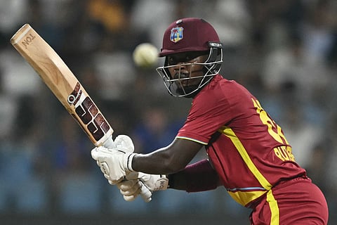 West Indies' Sherfane Rutherford plays a shot during the 2026 ICC Men's T20 Cricket World Cup group stage match between England and West Indies at the Wankhede Stadium in Mumbai.