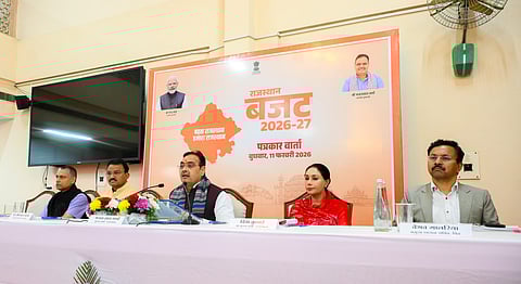 Rajasthan Chief Minister Bhajanlal Sharma and Finance Minister Diya Kumari among others at a press conference on the Budget.
