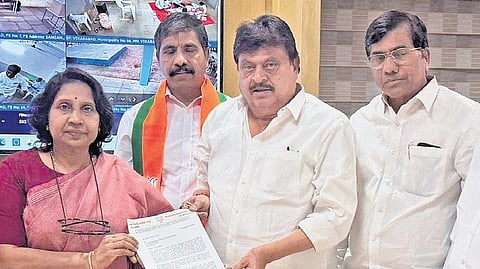 A BJP delegation, led by its state president N Ramchander Rao, submits representa-tion to the State Election Commission.