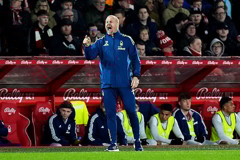 Nottingham Forest manager Sean Dyche signals during the English Premier League soccer match between Nottingham Forest and Wolverhampton Wanderers.