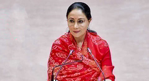 In this image posted on Feb. 11, 2026, Rajasthan Deputy CM and Finance Minister Diya Kumari presents the state Budget 2026-27 in the Assembly, in Jaipur.