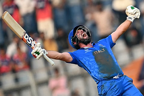 Italy's Anthony Mosca celebrates at the end of the 2026 ICC Men's T20 Cricket World Cup group stage match against Nepal at the Wankhede Stadium in Mumbai.