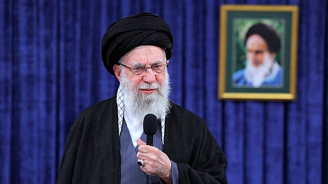 In this photo released on Monday, Feb. 9, 2026, by the official website of the office of the Iranian supreme leader, Supreme Leader Ayatollah Ali Khamenei addresses the nation in a televised speech.