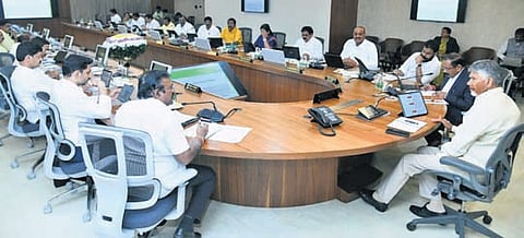 Chief Minister N Chandrababu Naidu chairs the Cabinet meeting at the Secretariat in Velagapudi on Wednesday.