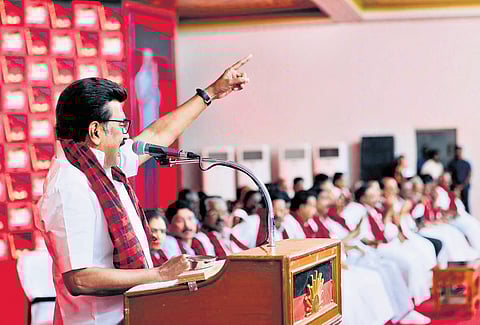 Chief Minister M K Stalin addressing DMK cadre at a booth committee conference titled ‘Nam Vakku Chavadi, Vetri Vakku Chavadi’ on Wednesday.
