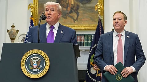President Donald Trump speaks during an event with Environmental Protection Agency director Lee Zeldin announcing that the EPA will no longer regulate greenhouse gases, in the Roosevelt Room of the White House, Thursday, Feb. 12, 2026, in Washington.