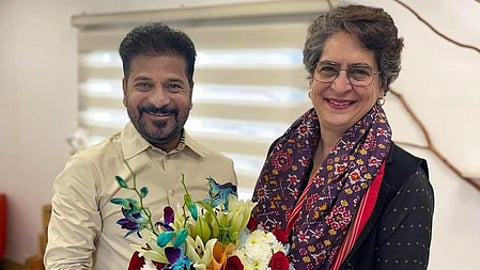 Priyanka Gandhi Vadra congratulating Chief Minister Revanth Reddy on the sweeping victory across the municipal body elections in Telangana