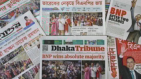 The front pages of newspapers featuring Bangladesh Nationalist Party (BNP) chairman and election candidate Tarique Rahman are pictured in Dhaka on February 13, 2026, a day after Bangladesh's general election.