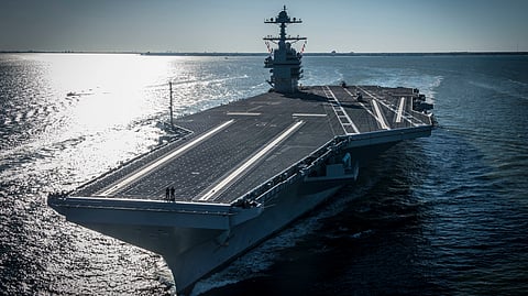 In this photo provided by the US Navy, the USS Gerald R. Ford embarked on the first of its sea trials to test various state-of-the-art systems on its own power for the first time, April 8, 2017, from Newport News, Va.
