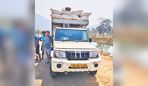 A paddy-laden pickup van seized by civil supplies officials in Malkangiri.
