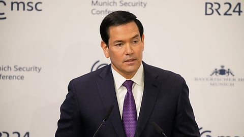 US Secretary of State Marco Rubio speaks at the Munich Security Conference in Munich, Germany, Saturday, Feb. 14, 2026.