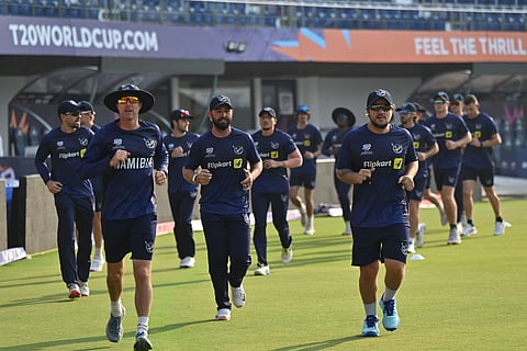 Namibia players train in the MA Chidambaram Stadium on Saturday