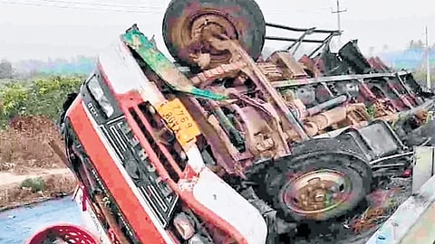 The truck that the SUV crashed into on the Hosakote-Devanahalli highway on Friday.