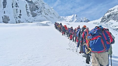 Hanumanthrao Kulkarni with his mountaineering team during an expedition in the Himalayas.
