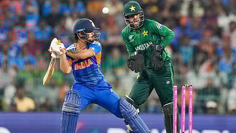 India's Ishan Kishan is bowled out by Pakistan's Saim Ayub during the T20 World Cup cricket match between India and Pakistan in Colombo, Sri Lanka, Sunday, Feb. 15, 2026.