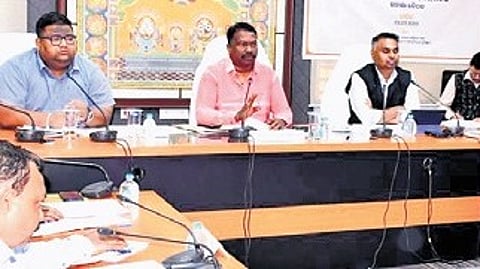 Panchayati Raj minister Rabi Narayan Naik chairing the review meeting.