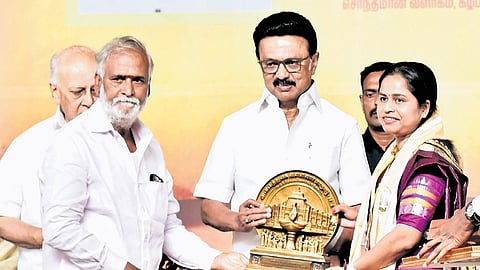 Chief Minister MK Stalin, along with HR&CE Minister P K Sekarbabu, during the inauguration of the International Vallalar Conference in Chennai.