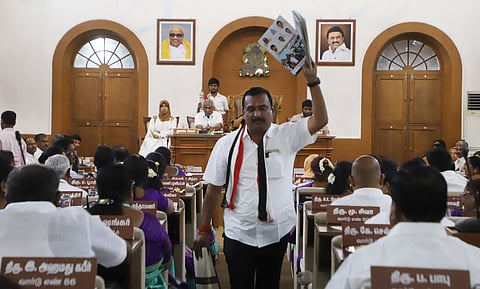 Opposition party leaders protesting over Coimbatore City Municipal Corporation's (CCMC) annual budget for 2026-27