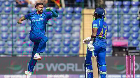 Afghanistan's Azmatullah Omarzai celebrates a wicket during the ICC Men's T20 World Cup 2026 cricket match between Afghanistan and UAE, at Arun Jaitley Stadium, in New Delhi, Monday, Feb. 16, 2026.