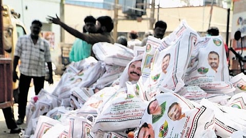 Hampers bearing the images of ex-CMs J Jayalalithaa & Edappadi Palaniswami in Thondamuthur.