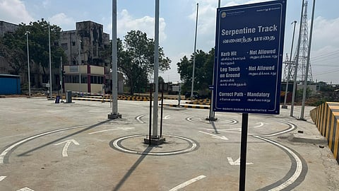 The serpentine track at the automated driving test facility at the West RTO in Tiruchy, designed to assess balance and manoeuvring skills of two-wheeler applicants without manual evaluation.