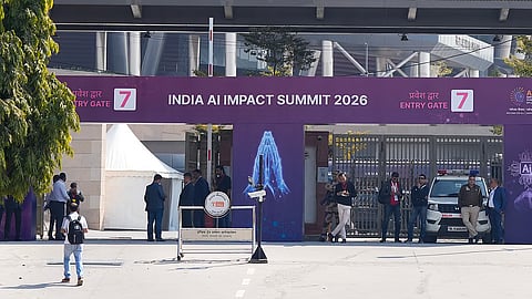 Security officials at the entrance of Bharat Mandapam, ahead of the AI Impact Summit 2026, in New Delhi, Sunday, Feb. 15, 2026.