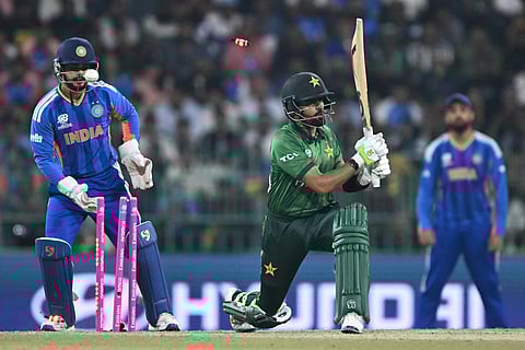 Pakistan's Babar Azam is clean bowled by India's Axar Patel during the 2026 ICC Men's T20 Cricket World Cup group stage match between India and Pakistan at the R Premadasa Stadium in Colombo.