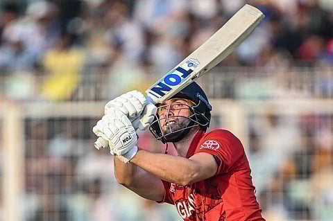 England's Will Jacks watches the ball after playing a shot during the 2026 ICC Men's T20 Cricket World Cup group stage match between England and Italy at the Eden Gardens in Kolkata.