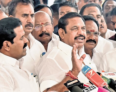 Edappadi K Palaniswami, AIADMK general secretary, addressing reporters outside the Assembly on Tuesday