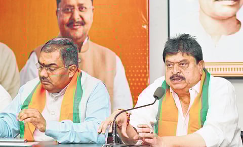 BJP state chief N Ramchander Rao speaks during a review meeting on party’s performance in the municipal elections, in Hyderabad on Tuesday
