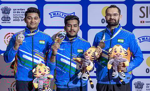 Aishwary Pratap Singh Tomar (C), Niraj Kumar (L) and Akhil Sheoran led the country to podium clean sweep in the men's 50m rifle 3 positions during the continental meet. That was one of the highlights of the event