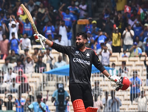 Yuvraj Samra celebrates his century against New Zealand on Tuesday