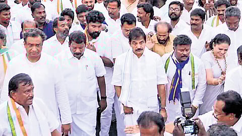 Congress leaders K C Venugopal and K Selvaperunthagai at a padayatra against the repeal of MGNREGA in Chennai, on Tuesday