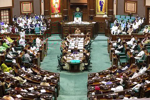 Madhya Pradesh Finance Minister Jagdish Devda presents the state Budget for 2026-27 in the presence of state Chief Minister Mohan Yadav in the state Assembly, in Bhopal, Wednesday, Feb. 18, 2026.