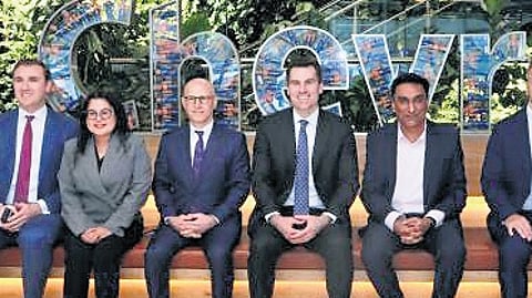 The US delegation during a visit to Chevron Engine in Bengaluru on Tuesday