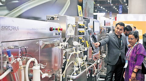 A delegate visits the stalls on the last day of Bio Asia 2026 at HITEX in Hyderabad on Wednesday.