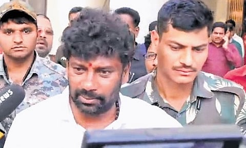 Police take BRS leader and former Chennur MLA Balka Suman into custody from
his residence at Kyathanpalli in Mancherial district on Wednesday.