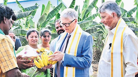 Bill and Melinda Gates Foundation Chairman Bill Gates interacts with banana farmers at Undavalli on Monday