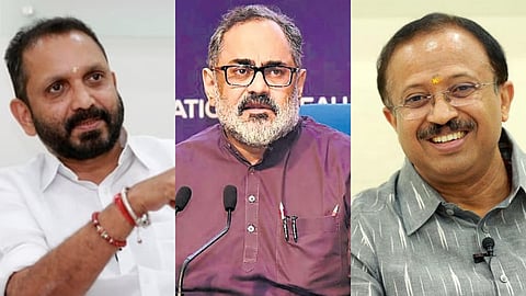 K Surendran (L), Rajeev Chandrasekhar (C) and V Muraleedharan.