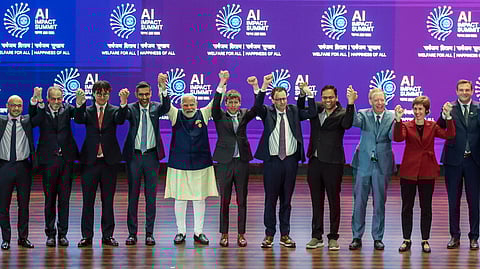 Narendra Modi with dignitaries at the AI Impact Summit 2026 at Bharat Mandapam on Thursday; Sam Altman of OpenAI stands to Modi’s right, alongside Dario Amodei of Anthropic.