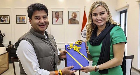 Union Minister Jyotiraditya Scindia meets Sweden''s Deputy Prime Minister Ebba Busch, in New Delhi.