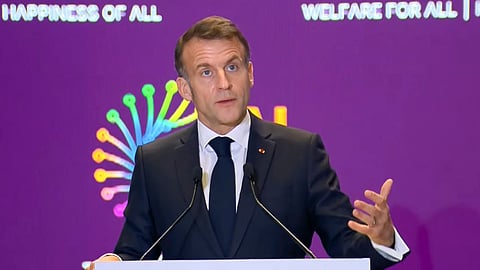 French President Emmanuel Macron addresses the gathering during the India AI Impact Summit 2026 in New Delhi, Feb. 19, 2026.
