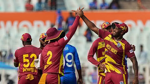 West Indies players celebrate after they won the T20 World Cup cricket match against Italy in Kolkata, India, Thursday, Feb. 19, 2026.