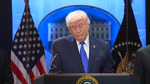 President Donald Trump speaks during a press briefing at the White House, Friday, Feb. 20, 2026, in Washington.