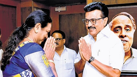 CM MK Stalin greets DMDK chief Premalatha Vijayakanth at the DMK headquarters in Chennai;(left) Edappadi K Palaniswami’s reaction to the development