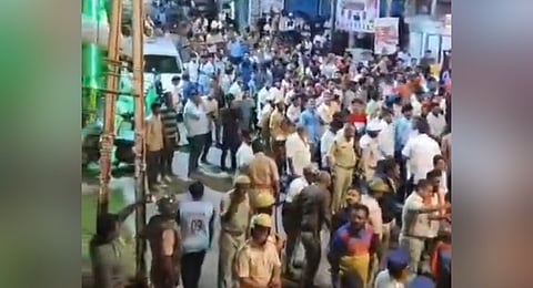 Videos that went viral showed police attempting to manage both people offering prayers at the mosque and participants in the procession.