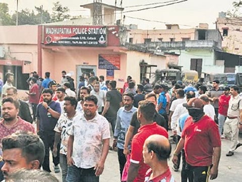 Soumya’s family and locals protesting at Madhupatna police station on Thursday.